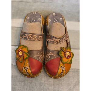 Womens Socofy Boho Handcrafted Leather Floral Slip-On Clogs Size 37 Platform